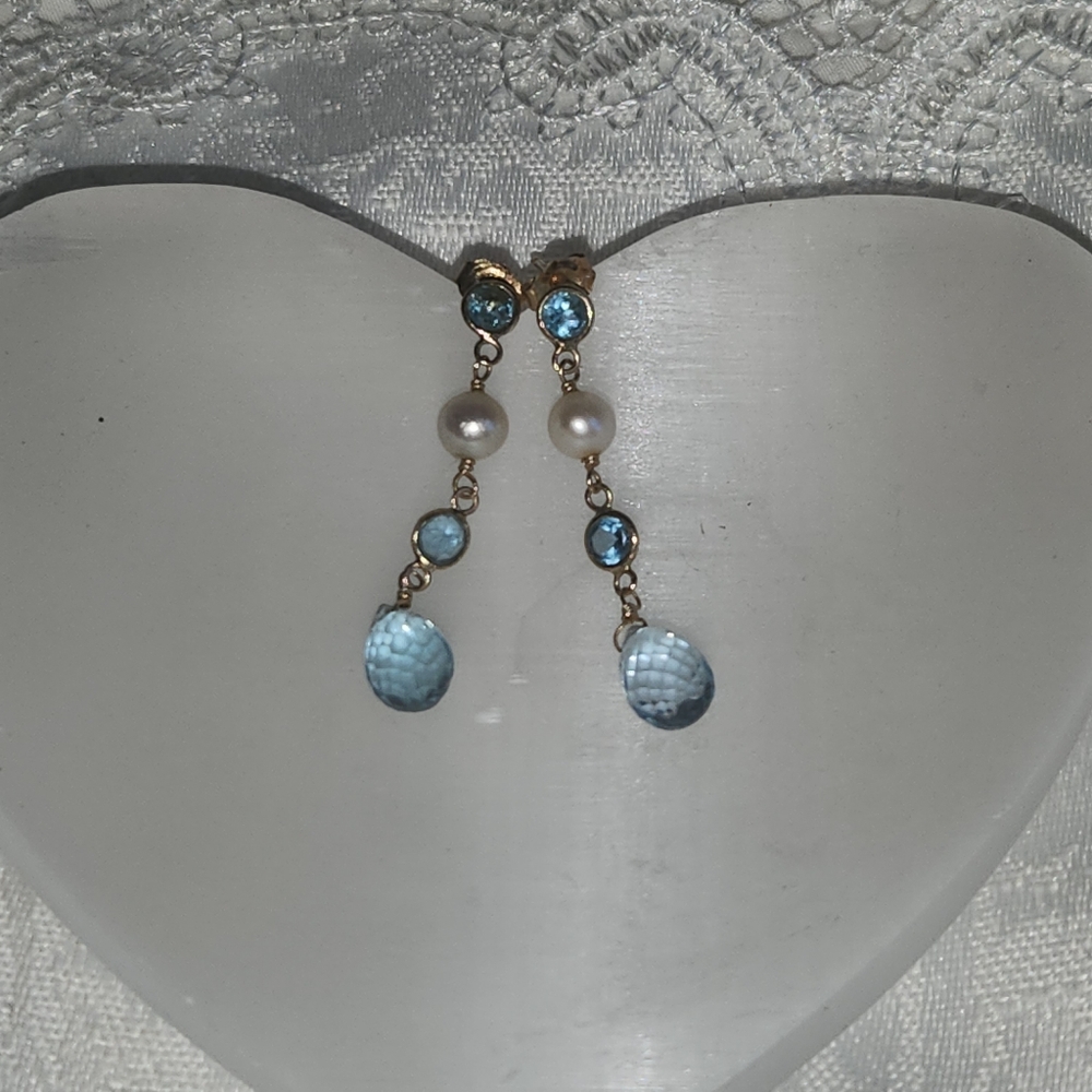 14kt Yellow Gold Women's Blue Topaz and Pearl Earrings.